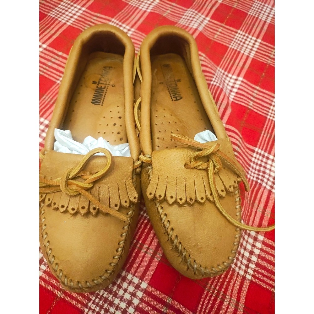Minnetonka 350 Womens 6 Leather Driving Moccasins Loafers Tan Brown Fringe